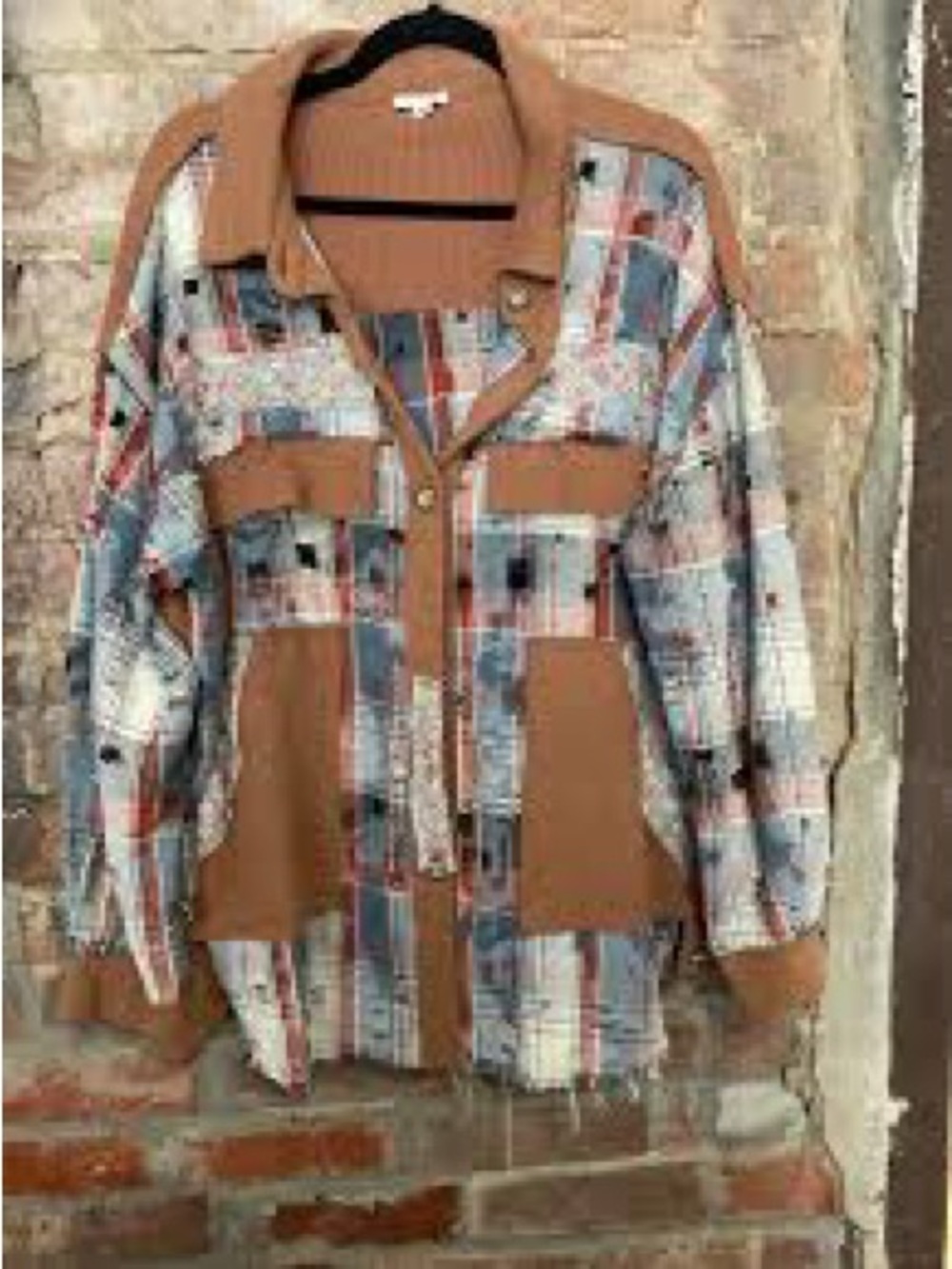 POL Women's Camel and Blue Plaid Button-Front Shacket
